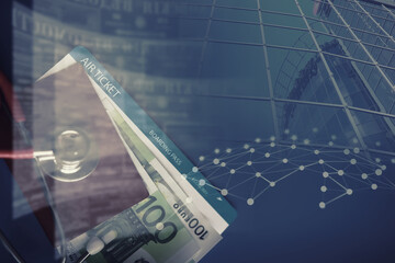 Airplane, passport, boarding pass and stethoscope. Passenger air insurance concept.