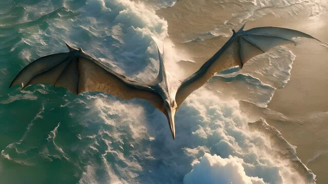 A pterodactyl soaring above the waves its large wings casting a shadow over the sandy beach below.