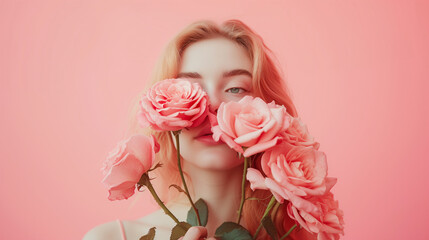 Portrait of an attractive woman covering her face with rose flowers. Minimal spring concept