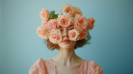 Portrait of an attractive woman covering her face with rose flowers. Minimal spring concept