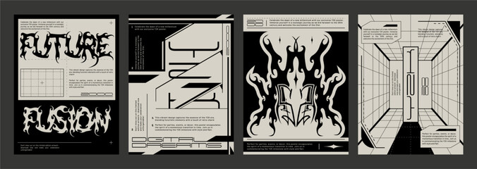 Poster design template in y2k aesthetic with abstract tribal elements, grid and typography. Vector set of banner layout in trendy grunge brutalism 90s and 00s style with acid cyber techno shapes.