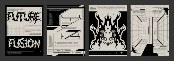 Selbstklebende Fototapeten Poster design template in y2k aesthetic with abstract tribal elements, grid and typography. Vector set of banner layout in trendy grunge brutalism 90s and 00s style with acid cyber techno shapes. © klyaksun