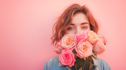 Portrait of an attractive woman covering her face with rose flowers. Minimal spring concept