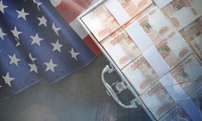 A metal suitcase filled with Russian banknotes of 5000 rubles. Double exposure. Investment, bribe,...