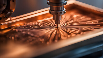 Macro scene of hi-precision nano CNC milling machine cutting the copper electrode material....