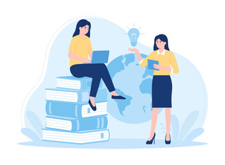 People reading and teacher guidance concept flat illustration