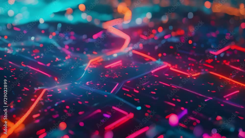Poster a neon infographic map that illuminates to show geographical data and patterns
