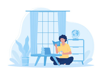 A woman is studying reading a book with a laptop and coffee concept flat illustration