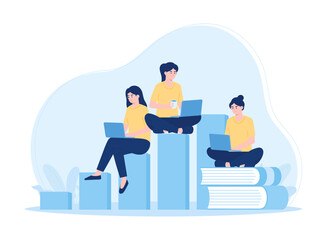 Woman studying using laptop with books concept flat illustration