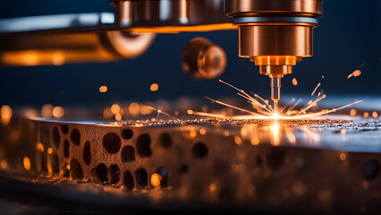 Macro scene of hi-precision nano CNC milling machine cutting the copper electrode material and sparks. Exhibitions and trade shows, new year new technology, engineering and machinery showcases. - obrazy, fototapety, plakaty