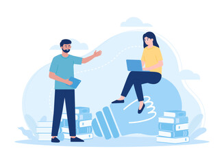 People are studying together with books and lamps concept flat illustration