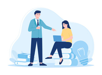 People are studying together with books and lamps concept flat illustration