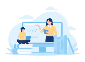 Online courses and tutorials using computers and laptops concept flat illustration