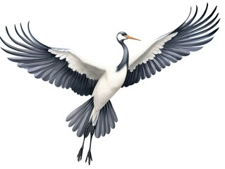 Crane bird flying isolated on white background