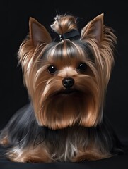 Yorkshire terrier puppy on a dark background in the studio