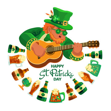 Happy Saint Patricks Day. Festive composition with a cute leprechaun, guitar, and beer on a white background. Hand-drawn lettering. Spring holiday March 17 Saint Patrick. Sticker. Vector illustration.