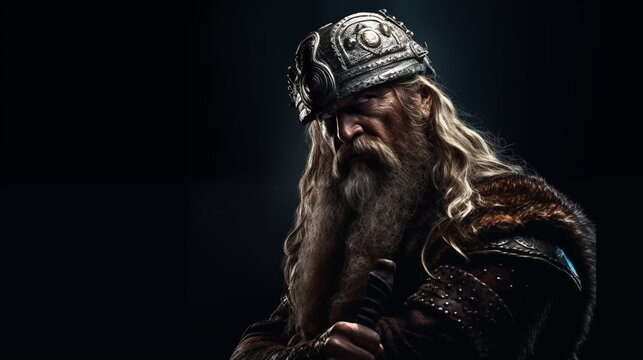 Portrait r&eacute;aliste d'un guerrier viking sur fond noir. Bras crois&eacute;s et regard conqu&eacute;rant.
