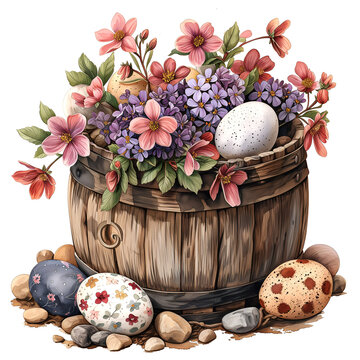 easter eggs and flowers  in a basket
