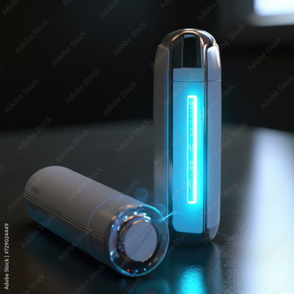 Poster a futuristic looking device with a glowing light. generative ai.