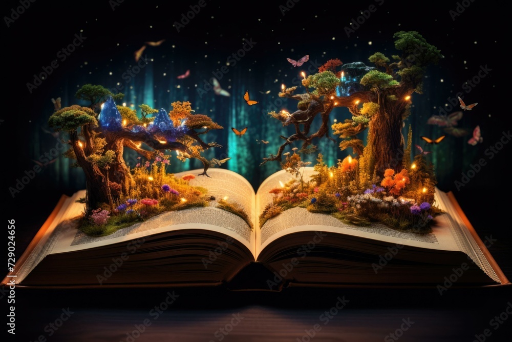Poster an open book with a forest scene on it. generative ai.