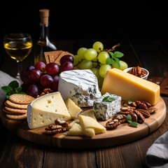 Cheese platter with grapes, nuts, grapes and cheese. Generative AI.