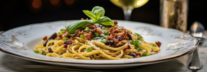 A plate of pasta with bacon and herbs on it. Generative AI.
