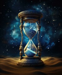 An hourglass with sand and stars in the background. Generative AI.