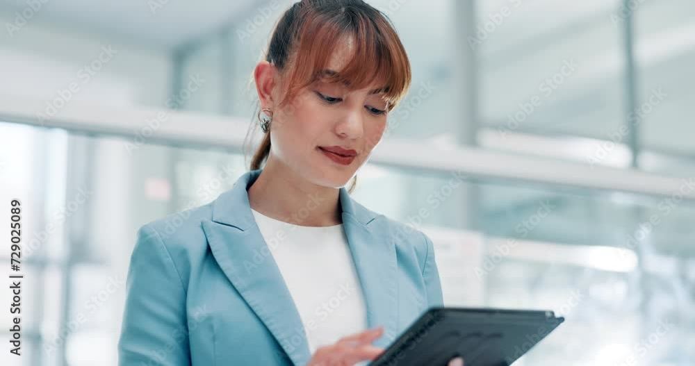 Poster Smile, tablet and woman in office with online schedule, agenda or professional report. Reading, typing and consultant in lobby with digital app for networking, business email or social media website