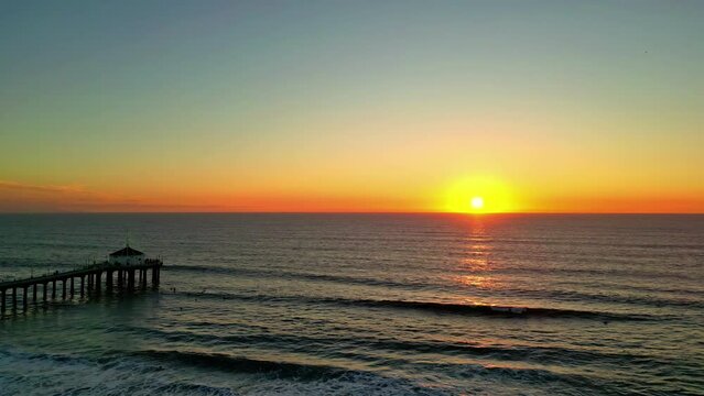 Static Shot Panoramic Sea Waves Sunset Skyline, Manhattan Beach Pier Landscape