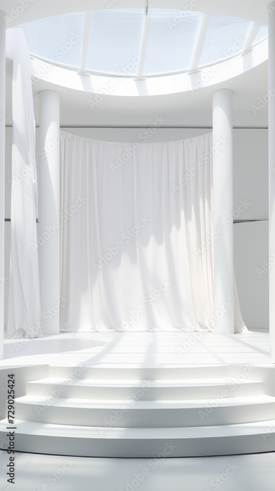 Poster a white empty fashion podium in the sunlight. minimalistic background with light and shadow for prod