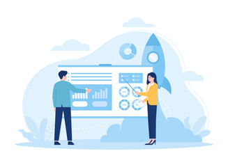 Company employees present work launch projects concept flat illustration
