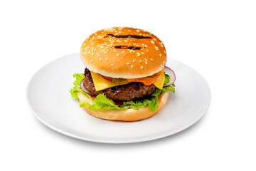 Burger, mini hamburger with meat cutlet, cheese, jalapeno, tomato and lettuce on a plate. Isolated.