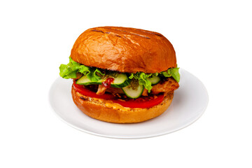 Burger, hamburger with chicken, cheese, cucumber, tomato and lettuce on a plate. Isolated.