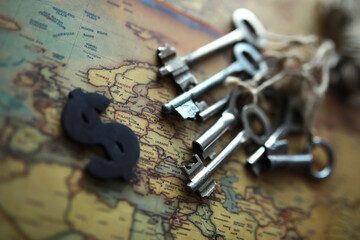 International world management concept.Background with compass, vintage key, vintage tone on...