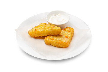Potato pancakes with sour cream in a white plate. Isolated.