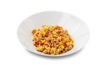 Rice with vegetables and egg in a white plate. Isolated.