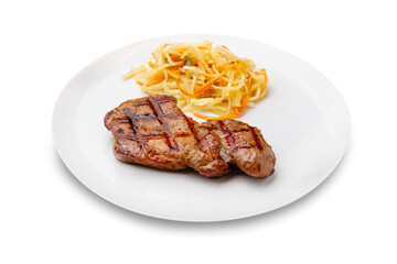 Grilled pork neck in a white plate. Isolated.