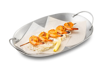 Grilled shrimp with rice and lemon. Isolated.