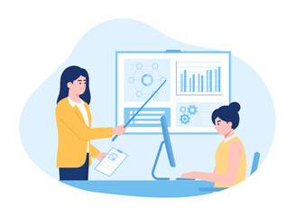 Female manager explains statistics to workers concept flat illustration