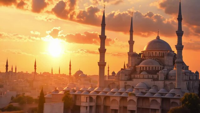 beautiful and bright sunset view from the mosque