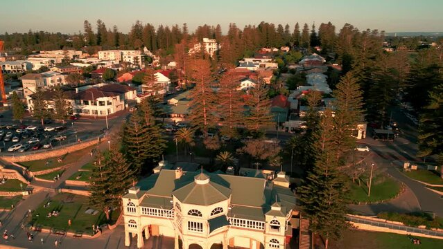 Aerial over Cottesloe Town Revealing the Beach and Indiana Teahouse at Sunset, Perth, Australia