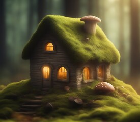 Tiny magical house from fairy tale for dwarfs, gnomes and imps. Magical cottage in forest fantasy land.