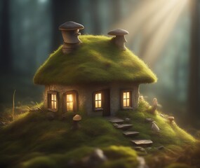 Tiny magical house from fairy tale for dwarfs, gnomes and imps. Magical cottage in forest fantasy land.