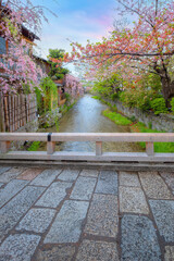 Tatsumi bashi bridge crosses Shirakawa river is the iconic place of Gion district in Kyoto, Japan