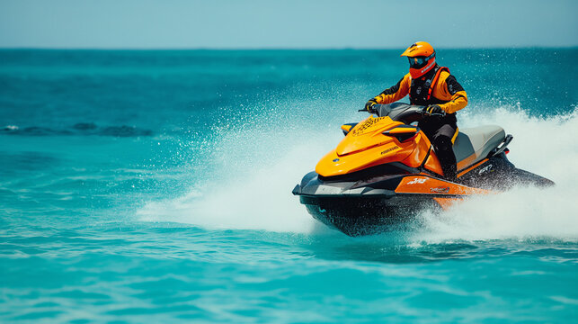 Lifeguard on a jet ski patrolling the waters or water fun activities 