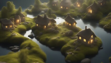 Tiny magical house from fairy tale for dwarfs, gnomes and imps. Magical cottages at a lake in fantasy land.