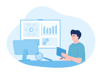 A worker is analyzing business market improvement charts concept flat illustration