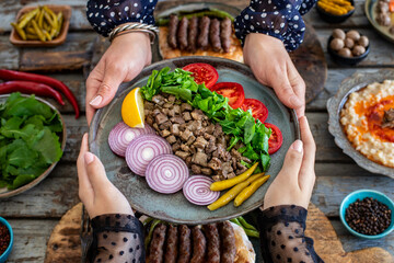 Roasted Albanian liver with onion and arugulas. Ciğer kavurma or ciger tava 