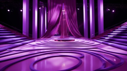 An empty purple stage for a fashion show, a concert.