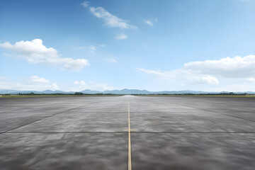 Airport runway with blue sky and mountain background - Ai Generated